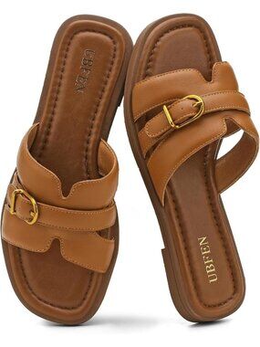 Women's Light Brown Square Toe Flat Sandals Slides Dressy Comfortable for Beach